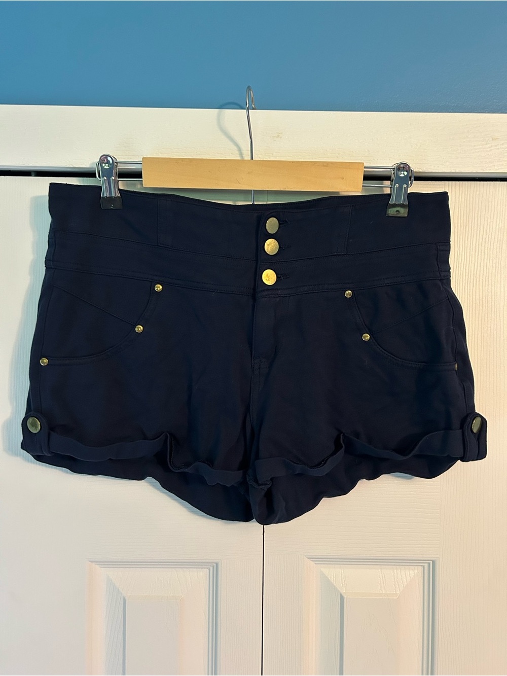 High-Rise Navy Women's Scallop Hem Shorts with Gold Buttons